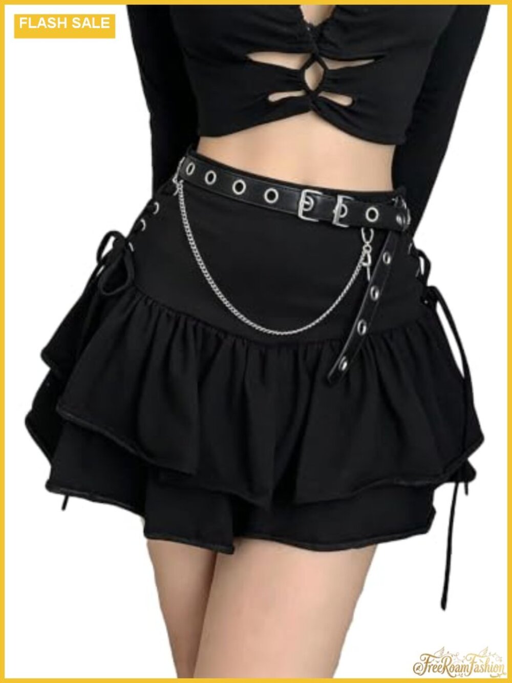 Pleated Mini Skirt High Waist Layered Lace Up with Belt